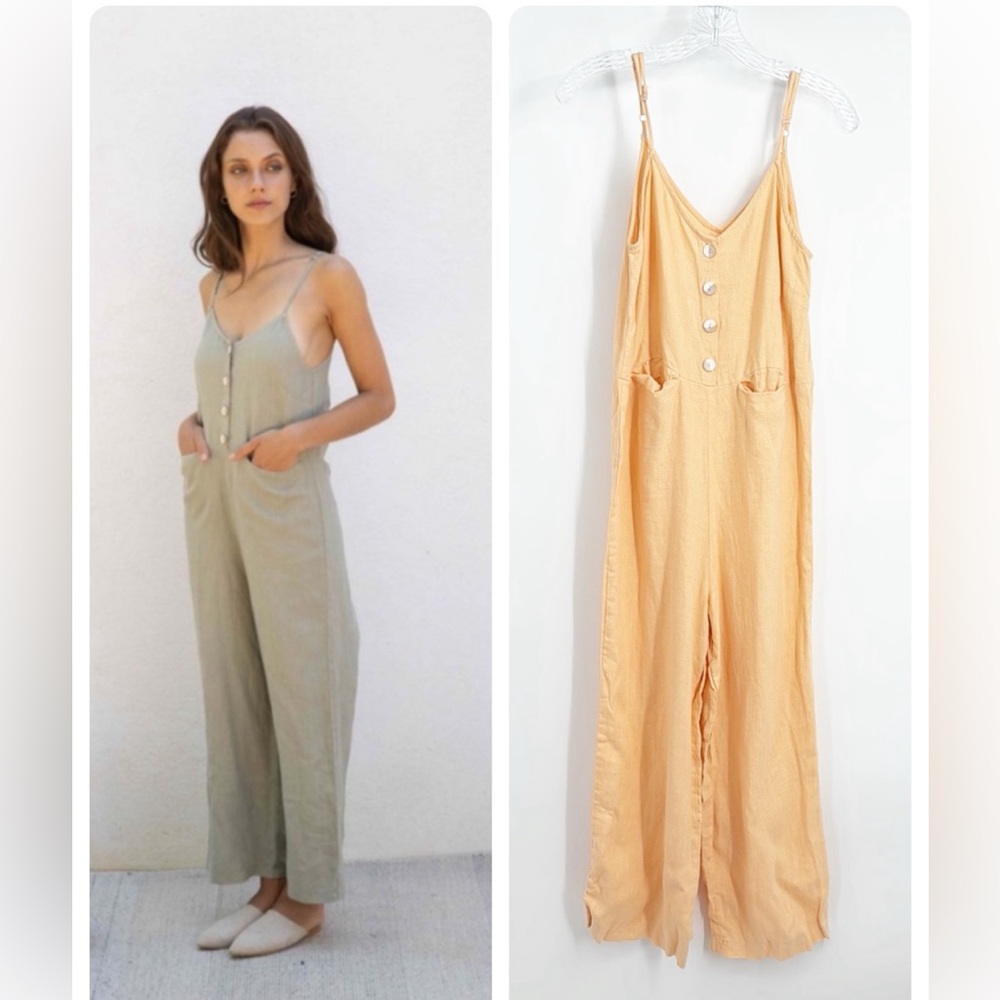 Mus & Bombon Orange Creamsicle Spaghetti Strap Linen Jumpsuit Small Buttons